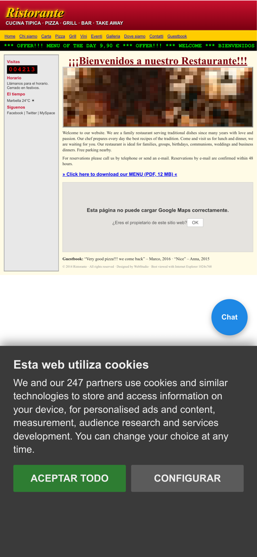 Una web antigua típica de restaurante en un móvil